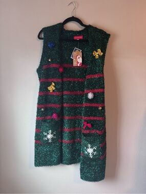 Holiday Tinsel Vest - Green with Red Trim NWT